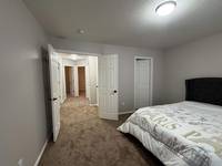 Soft gray walls and crisp white trim create a fresh, modern bedroom with a bright and inviting feel.