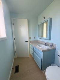 Light blue walls and cabinets.Small space, detail work around trim and vanity.