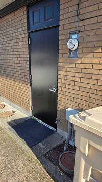 Close-up view of the door highlighting the even coverage and sleek, modern black paint.